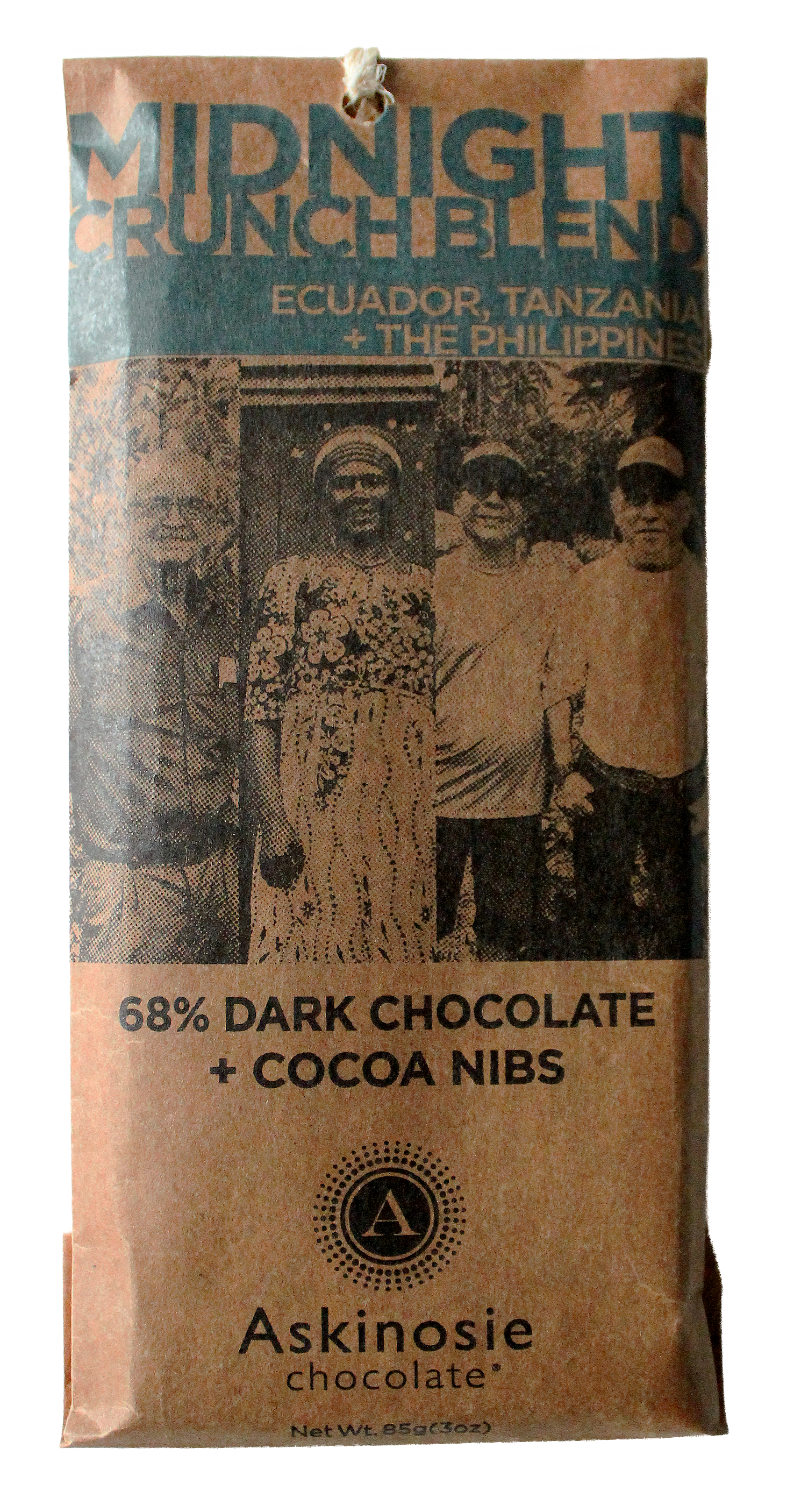 Kraft brown package featuring three farmer photos on the front in graphic black printing and Midnight Crunch Blend at the top in cerulean blue.