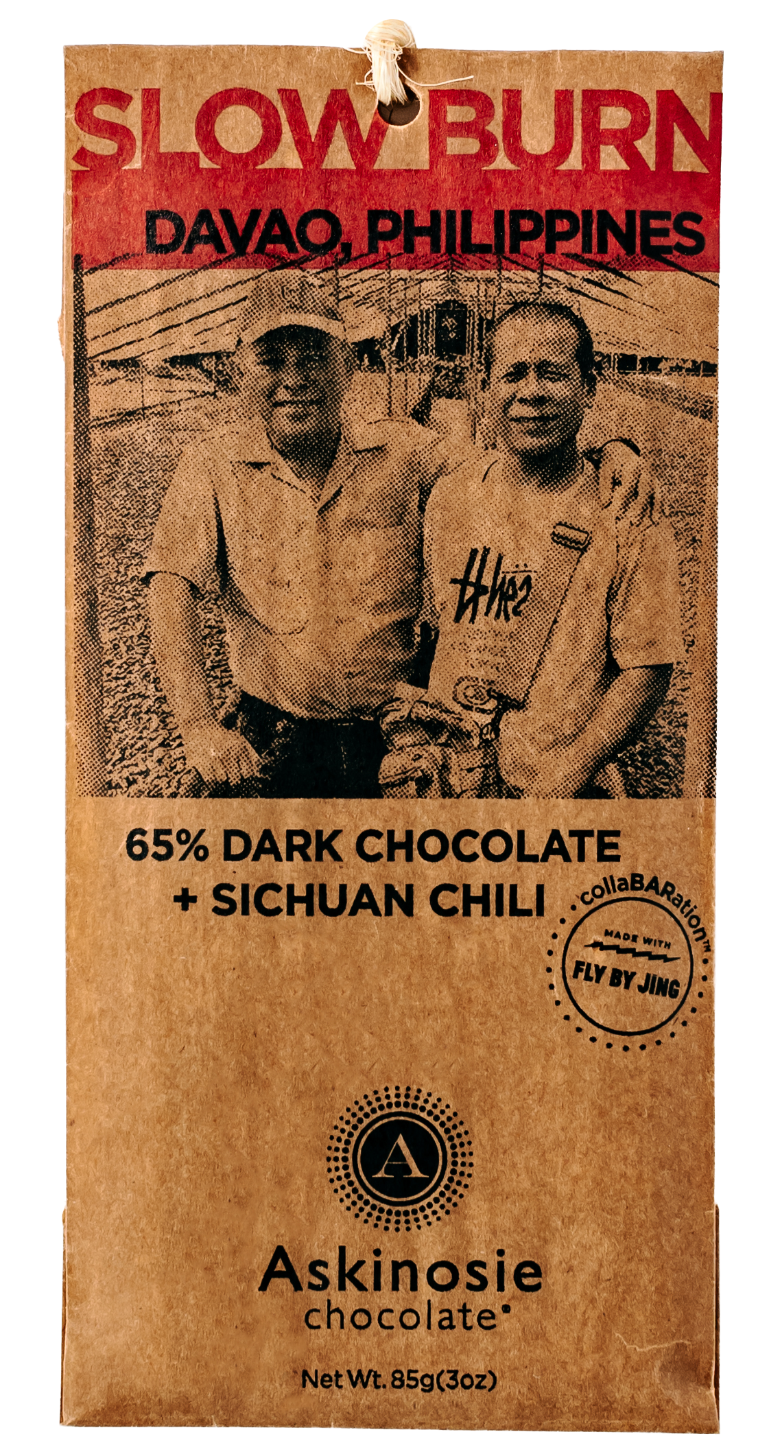 Kraft packaging with "Slow Burn" printed in red lettering and Davao, Philippines farmers featured on the front of the Askinosie Chocolate bar wrapper.